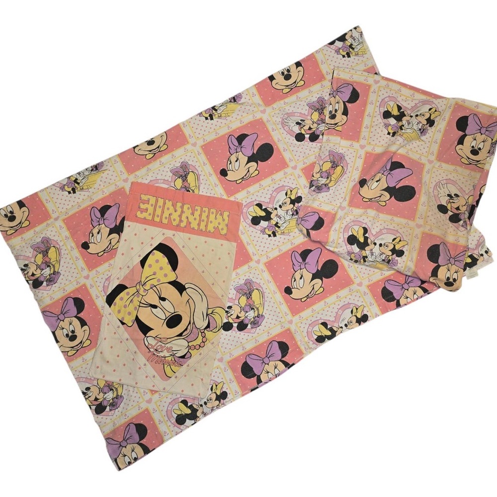 Vintage 1990s Minnie Mouse Flannel Sheet Set Disney Twin Size Pillowcase Fitted
